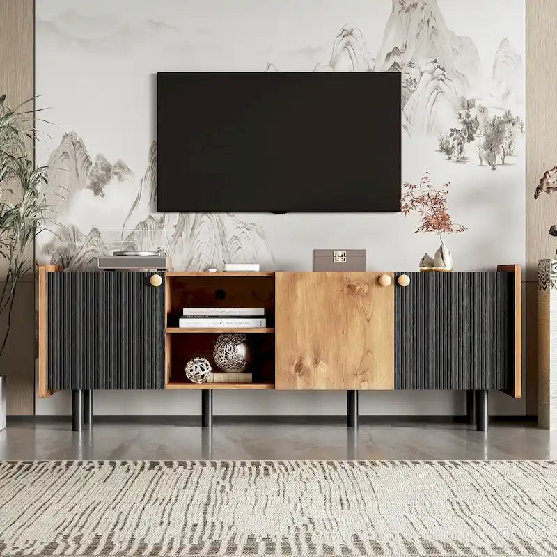 Mobile TV moderno in nero e legno naturale/marrone con 3 armadietti, adatto a TV fino a 70"