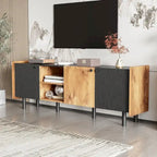 Mobile TV moderno in nero e legno naturale/marrone con 3 armadietti, adatto a TV fino a 70"