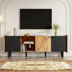 Mobile TV moderno in nero e legno naturale/marrone con 3 armadietti, adatto a TV fino a 70"