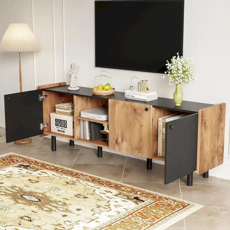 Mobile TV moderno in nero e legno naturale/marrone con 3 armadietti, adatto a TV fino a 70"