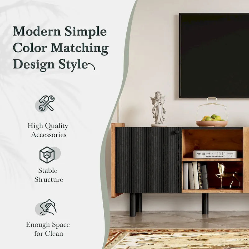 Mobile TV moderno in nero e legno naturale/marrone con 3 armadietti, adatto a TV fino a 70"