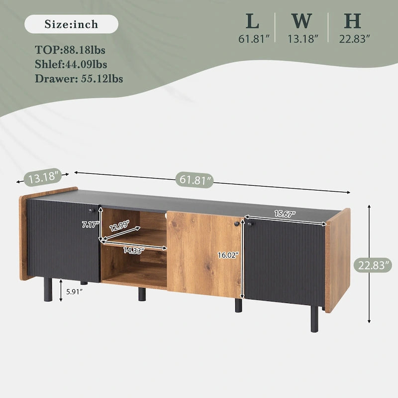 Mobile TV moderno in nero e legno naturale/marrone con 3 armadietti, adatto a TV fino a 70"