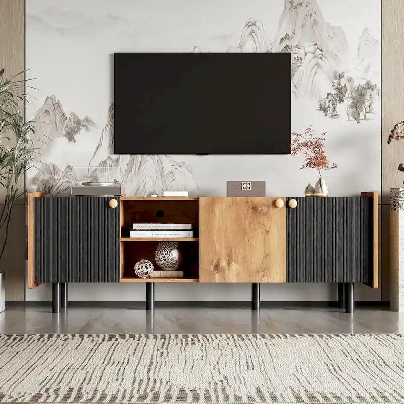 Mobile TV moderno in nero e legno naturale/marrone con 3 armadietti, adatto a TV fino a 70"