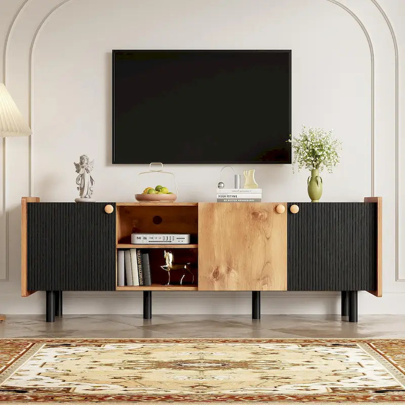 Mobile TV moderno in nero e legno naturale/marrone con 3 armadietti, adatto a TV fino a 70"