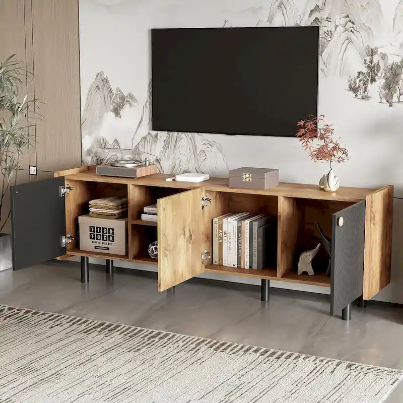 Mobile TV moderno in nero e legno naturale/marrone con 3 armadietti, adatto a TV fino a 70"