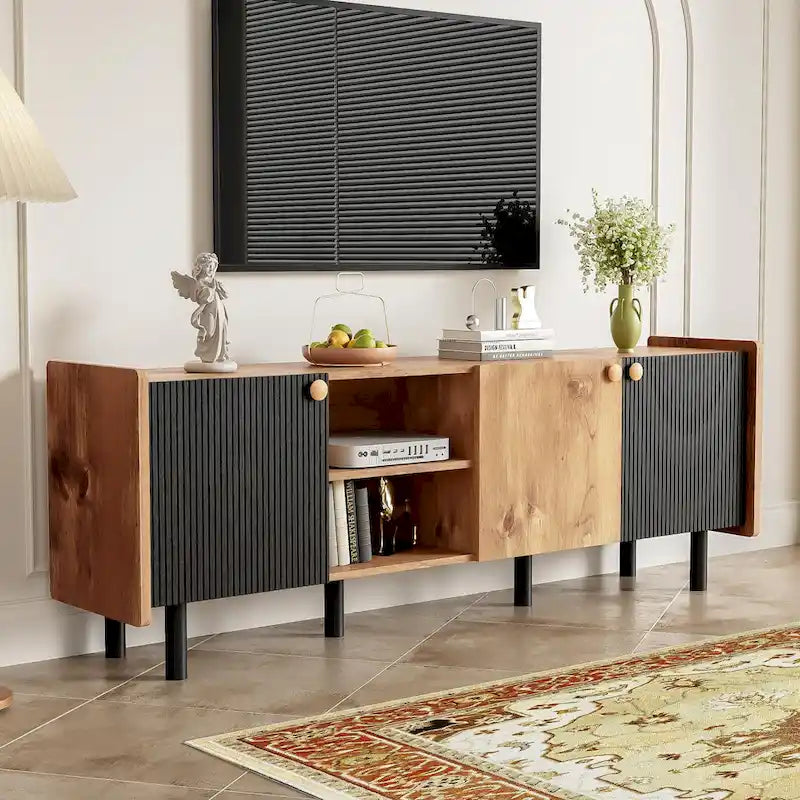Mobile TV moderno in nero e legno naturale/marrone con 3 armadietti, adatto a TV fino a 70"