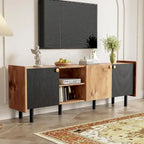Mobile TV moderno in nero e legno naturale/marrone con 3 armadietti, adatto a TV fino a 70"