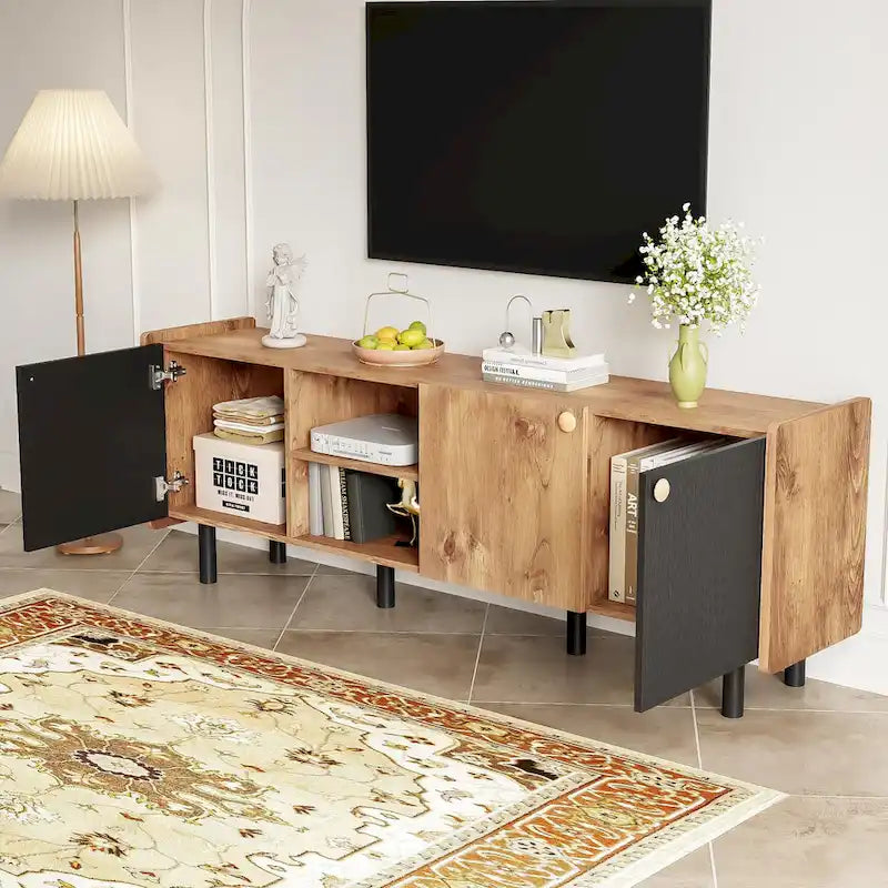 Mobile TV moderno in nero e legno naturale/marrone con 3 armadietti, adatto a TV fino a 70"