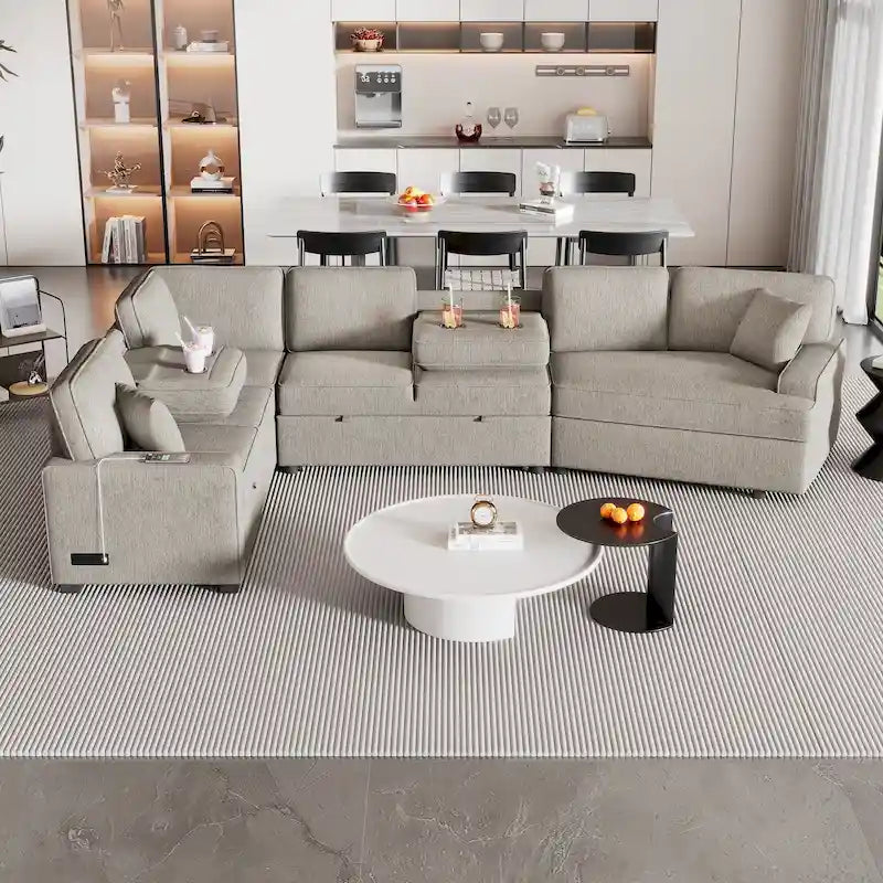 Divano componibile a L beige / nero+blu con letto estraibile, portabicchieri e porta di ricarica, 4-5 posti a sedere