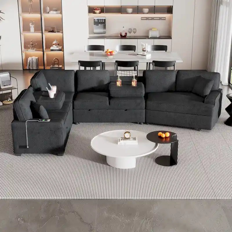 Divano componibile a L beige / nero+blu con letto estraibile, portabicchieri e porta di ricarica, 4-5 posti a sedere
