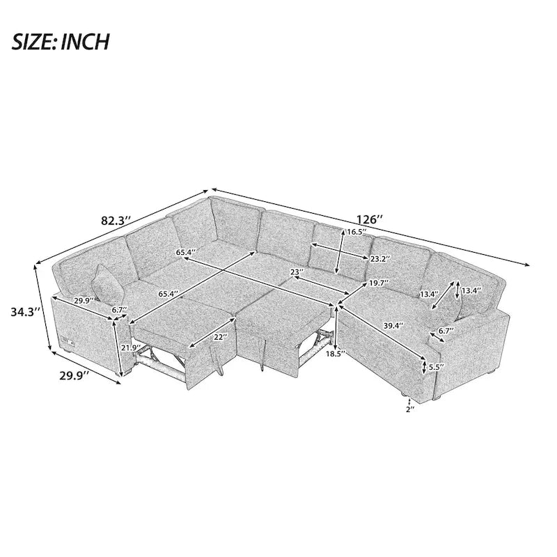 Divano componibile a L beige / nero+blu con letto estraibile, portabicchieri e porta di ricarica, 4-5 posti a sedere