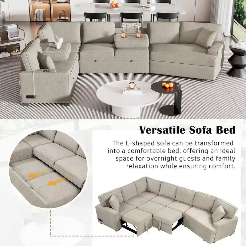 Divano componibile a L beige / nero+blu con letto estraibile, portabicchieri e porta di ricarica, 4-5 posti a sedere