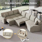 Divano componibile a L beige / nero+blu con letto estraibile, portabicchieri e porta di ricarica, 4-5 posti a sedere