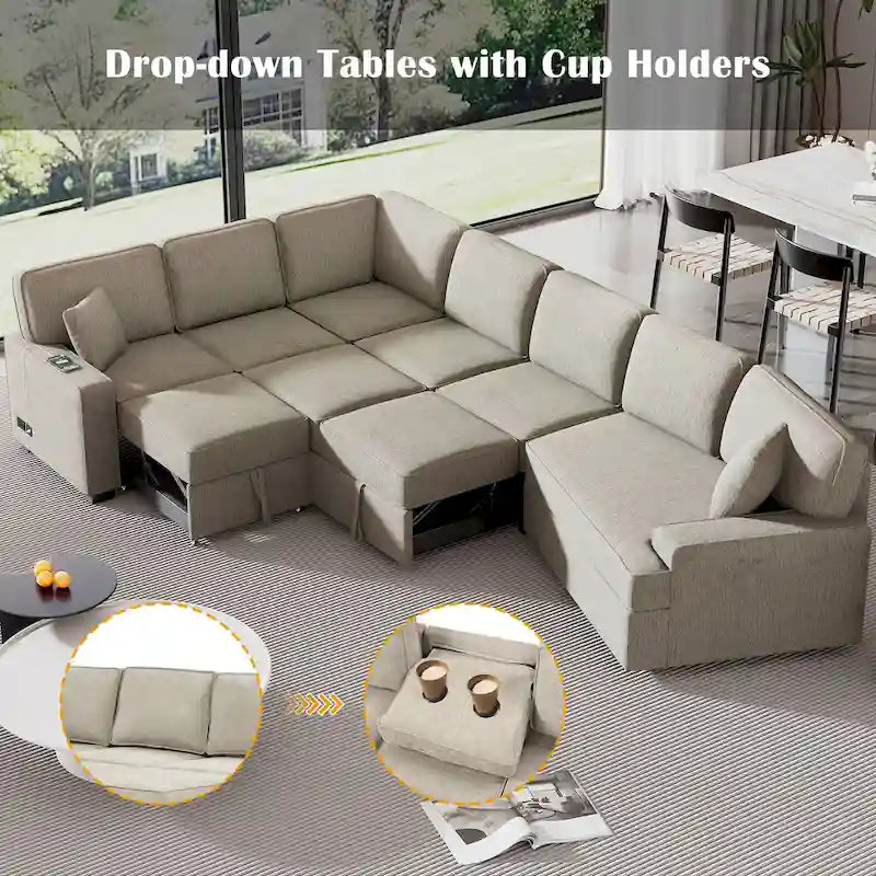 Divano componibile a L beige / nero+blu con letto estraibile, portabicchieri e porta di ricarica, 4-5 posti a sedere