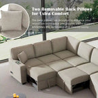Divano componibile a L beige / nero+blu con letto estraibile, portabicchieri e porta di ricarica, 4-5 posti a sedere