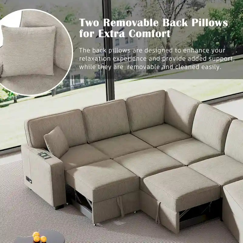 Divano componibile a L beige / nero+blu con letto estraibile, portabicchieri e porta di ricarica, 4-5 posti a sedere