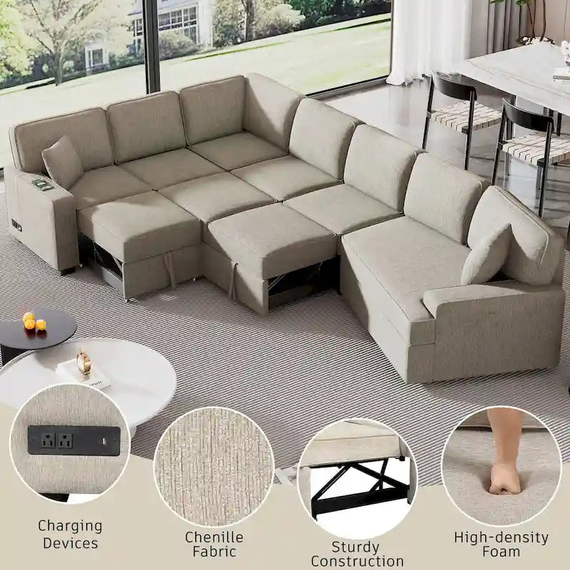 Divano componibile a L beige / nero+blu con letto estraibile, portabicchieri e porta di ricarica, 4-5 posti a sedere