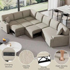 Divano componibile a L beige / nero+blu con letto estraibile, portabicchieri e porta di ricarica, 4-5 posti a sedere