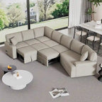 Divano componibile a L beige / nero+blu con letto estraibile, portabicchieri e porta di ricarica, 4-5 posti a sedere