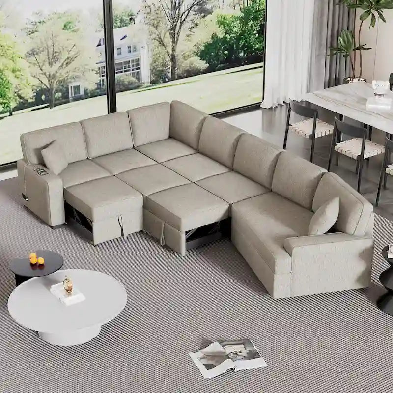 Divano componibile a L beige / nero+blu con letto estraibile, portabicchieri e porta di ricarica, 4-5 posti a sedere