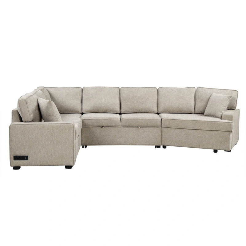 Divano componibile a L beige / nero+blu con letto estraibile, portabicchieri e porta di ricarica, 4-5 posti a sedere