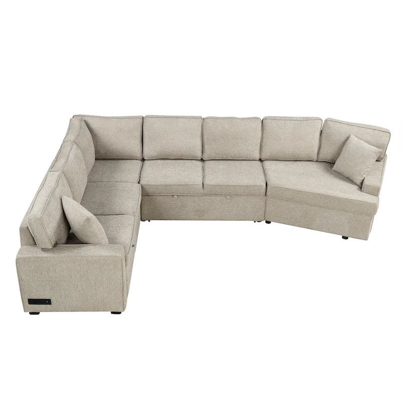 Divano componibile a L beige / nero+blu con letto estraibile, portabicchieri e porta di ricarica, 4-5 posti a sedere