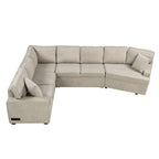 Divano componibile a L beige / nero+blu con letto estraibile, portabicchieri e porta di ricarica, 4-5 posti a sedere