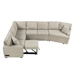 Divano componibile a L beige / nero+blu con letto estraibile, portabicchieri e porta di ricarica, 4-5 posti a sedere