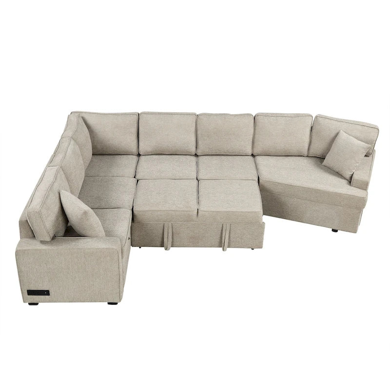 Divano componibile a L beige / nero+blu con letto estraibile, portabicchieri e porta di ricarica, 4-5 posti a sedere