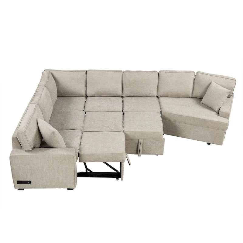 Divano componibile a L beige / nero+blu con letto estraibile, portabicchieri e porta di ricarica, 4-5 posti a sedere