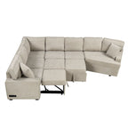 Divano componibile a L beige / nero+blu con letto estraibile, portabicchieri e porta di ricarica, 4-5 posti a sedere