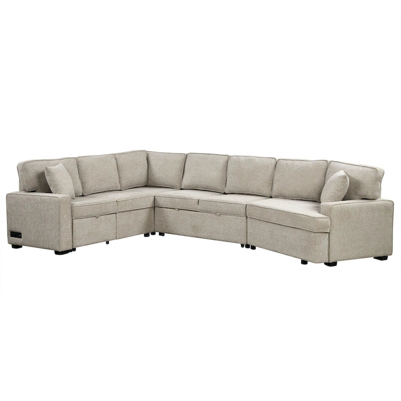 Divano componibile a L beige / nero+blu con letto estraibile, portabicchieri e porta di ricarica, 4-5 posti a sedere