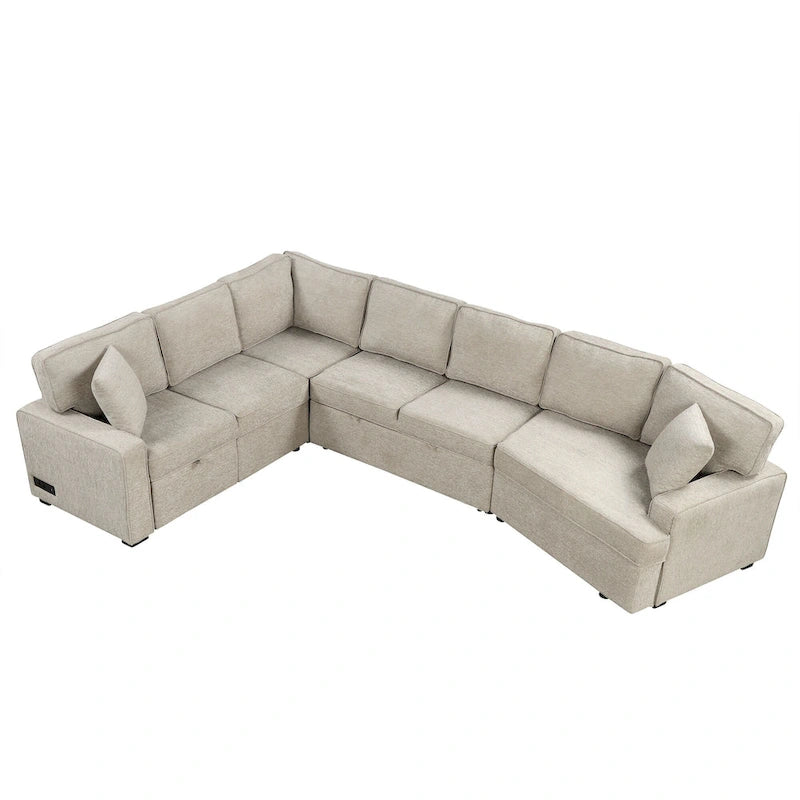 Divano componibile a L beige / nero+blu con letto estraibile, portabicchieri e porta di ricarica, 4-5 posti a sedere
