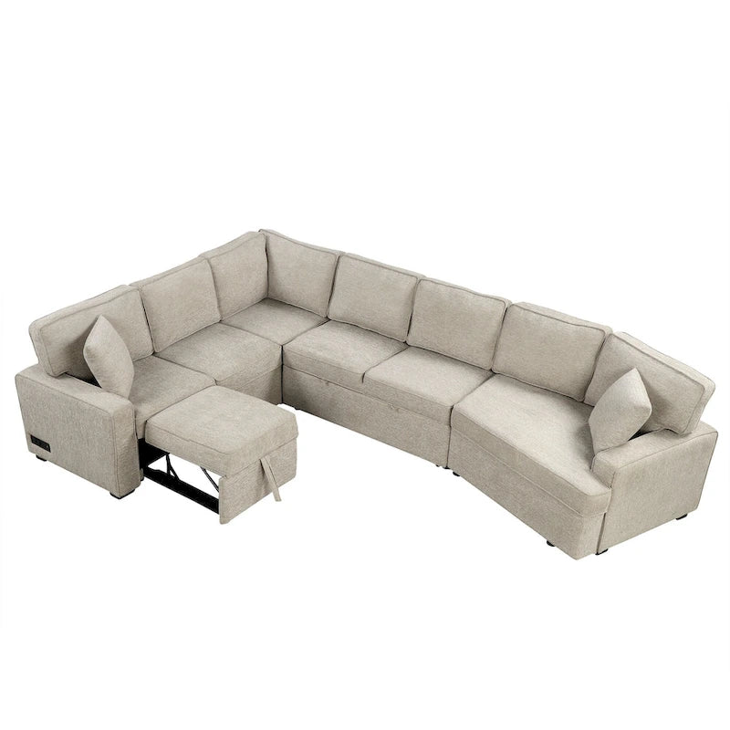 Divano componibile a L beige / nero+blu con letto estraibile, portabicchieri e porta di ricarica, 4-5 posti a sedere