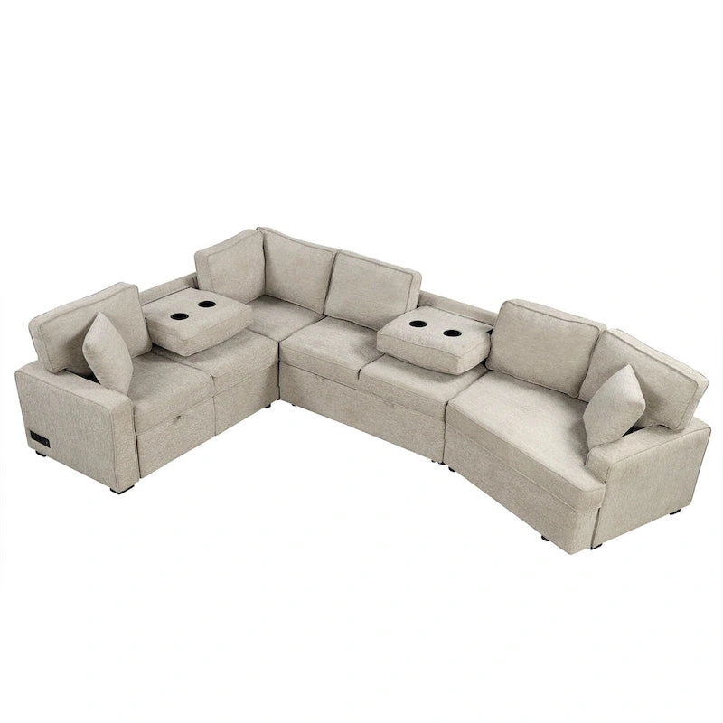 Divano componibile a L beige / nero+blu con letto estraibile, portabicchieri e porta di ricarica, 4-5 posti a sedere
