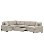 Divano componibile a L beige / nero+blu con letto estraibile, portabicchieri e porta di ricarica, 4-5 posti a sedere