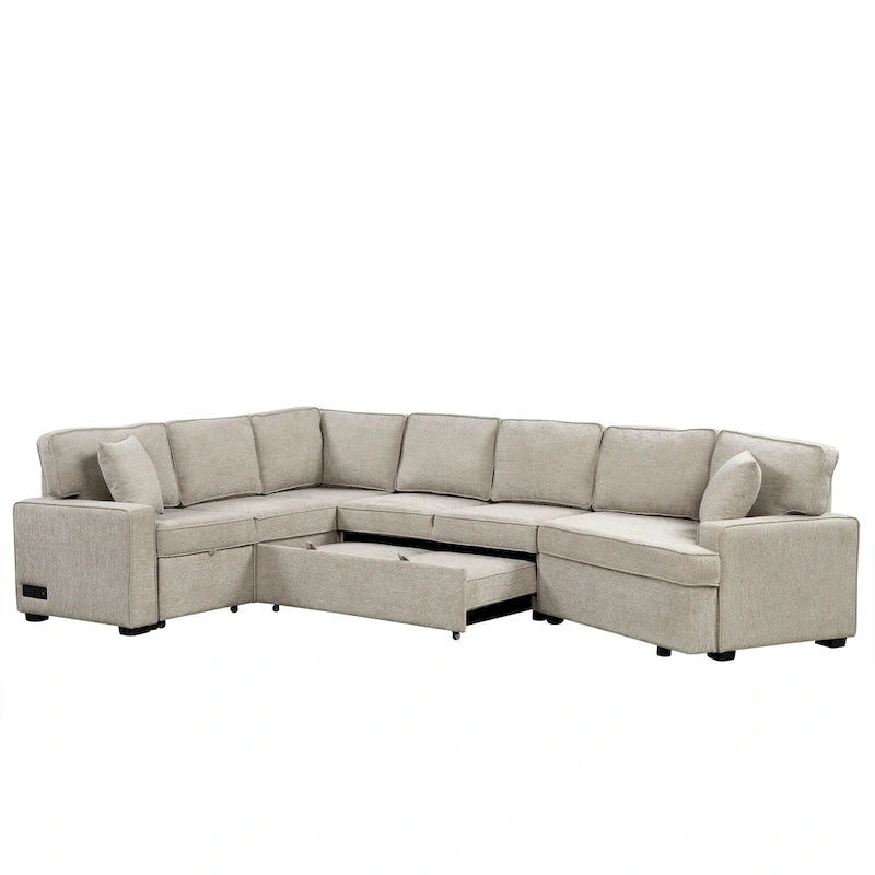 Divano componibile a L beige / nero+blu con letto estraibile, portabicchieri e porta di ricarica, 4-5 posti a sedere