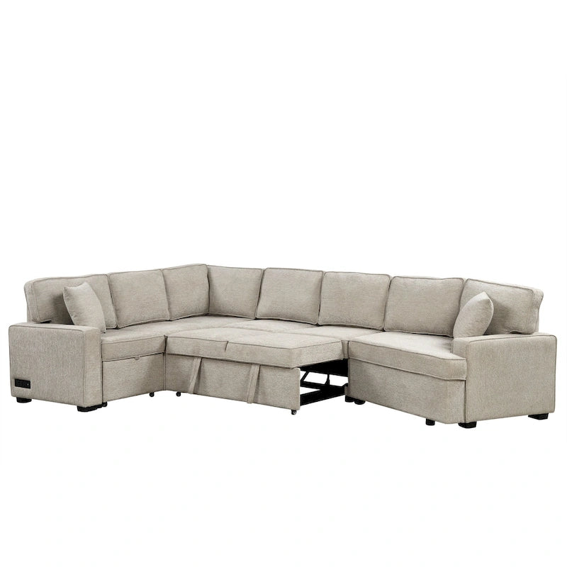 Divano componibile a L beige / nero+blu con letto estraibile, portabicchieri e porta di ricarica, 4-5 posti a sedere