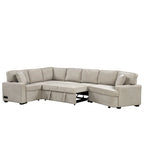 Divano componibile a L beige / nero+blu con letto estraibile, portabicchieri e porta di ricarica, 4-5 posti a sedere