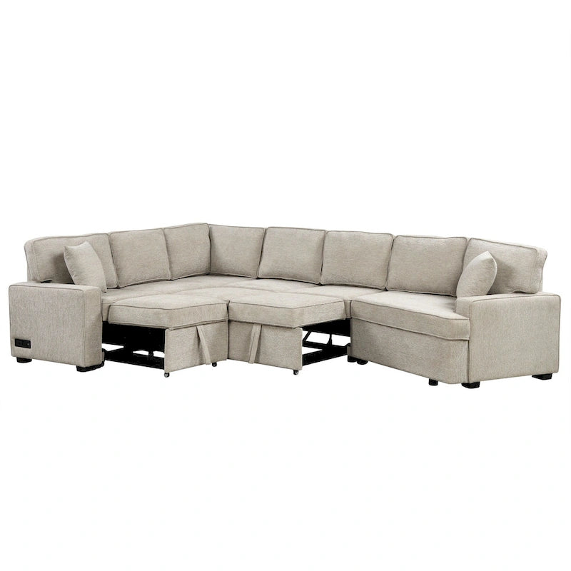 Divano componibile a L beige / nero+blu con letto estraibile, portabicchieri e porta di ricarica, 4-5 posti a sedere