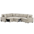 Divano componibile a L beige / nero+blu con letto estraibile, portabicchieri e porta di ricarica, 4-5 posti a sedere