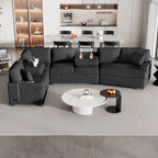 Divano componibile a L beige / nero+blu con letto estraibile, portabicchieri e porta di ricarica, 4-5 posti a sedere