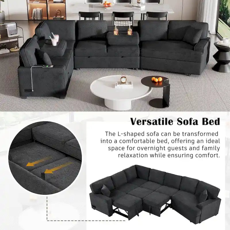 Divano componibile a L beige / nero+blu con letto estraibile, portabicchieri e porta di ricarica, 4-5 posti a sedere
