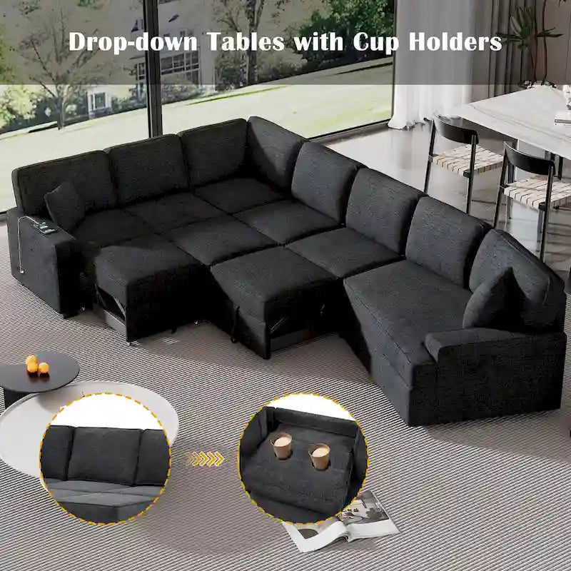 Divano componibile a L beige / nero+blu con letto estraibile, portabicchieri e porta di ricarica, 4-5 posti a sedere