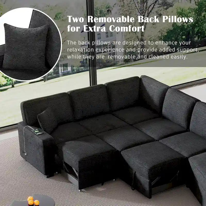 Divano componibile a L beige / nero+blu con letto estraibile, portabicchieri e porta di ricarica, 4-5 posti a sedere