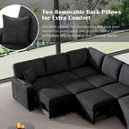 Divano componibile a L beige / nero+blu con letto estraibile, portabicchieri e porta di ricarica, 4-5 posti a sedere