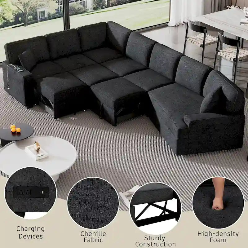 Divano componibile a L beige / nero+blu con letto estraibile, portabicchieri e porta di ricarica, 4-5 posti a sedere
