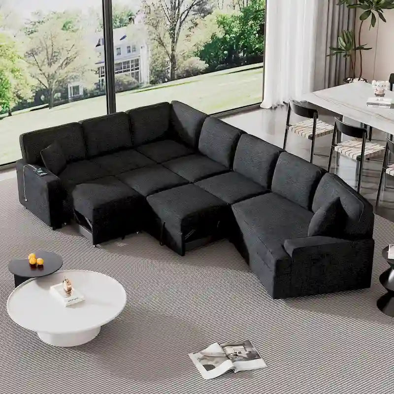 Divano componibile a L beige / nero+blu con letto estraibile, portabicchieri e porta di ricarica, 4-5 posti a sedere