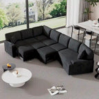 Divano componibile a L beige / nero+blu con letto estraibile, portabicchieri e porta di ricarica, 4-5 posti a sedere