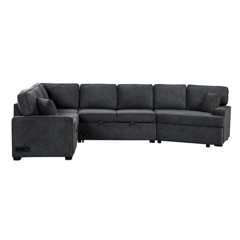 Divano componibile a L beige / nero+blu con letto estraibile, portabicchieri e porta di ricarica, 4-5 posti a sedere